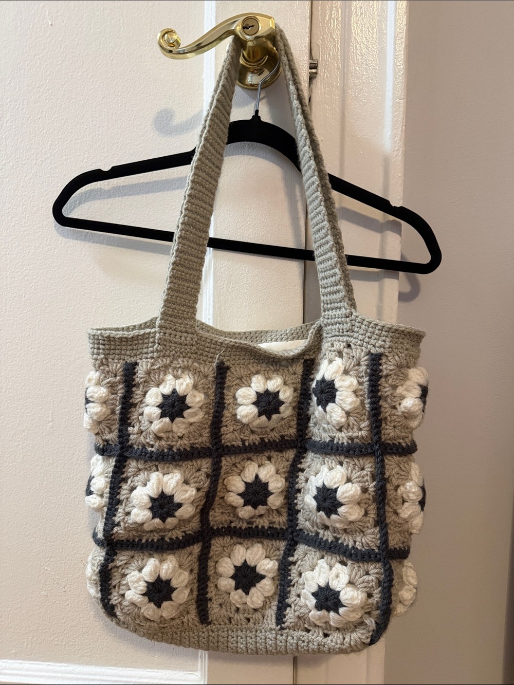 Neutral Crochet Granny Square Tote Bag — Beige and Black